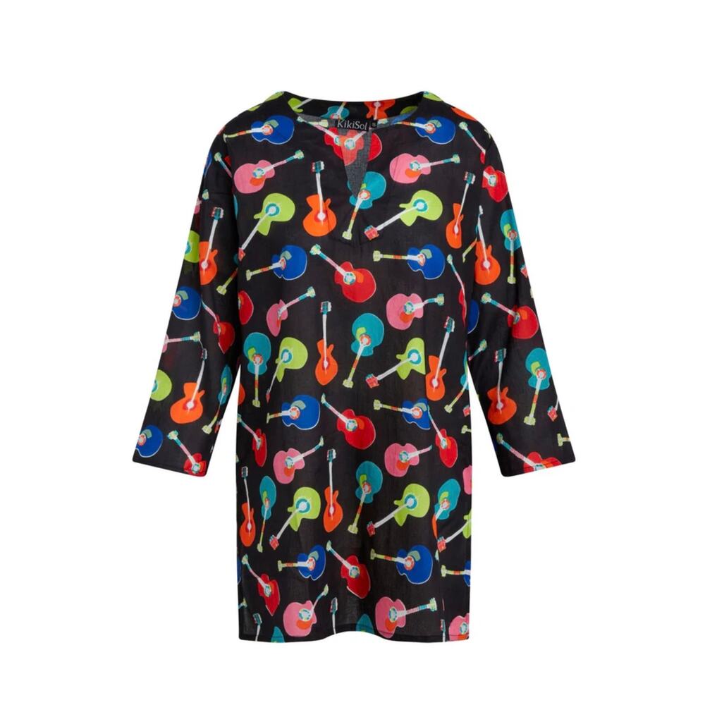 Kikisol Lightweight Cotton Tunic Top AOP Guitars Women's XL 3/4 Sleeves Music
